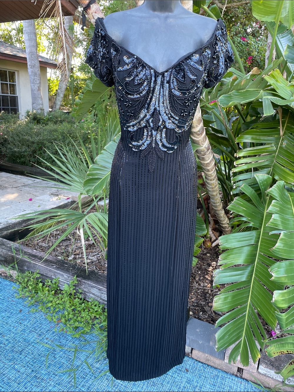 vintage sequin and beaded off the shoulder column dress